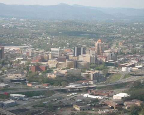 An aerial view of Roanoke, Virginia.