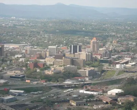 An aerial view of Roanoke, Virginia.