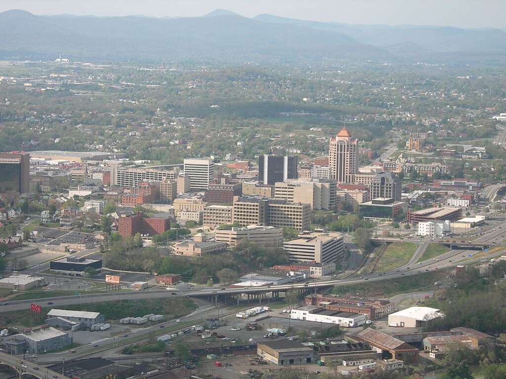 An aerial view of Roanoke, Virginia.