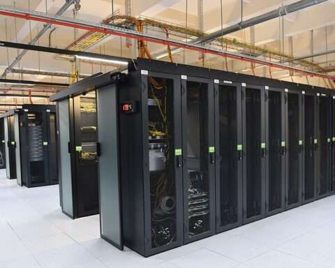 Data stacks in a data center.