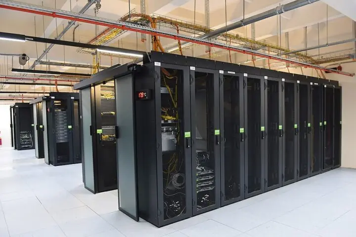 Data stacks in a data center.