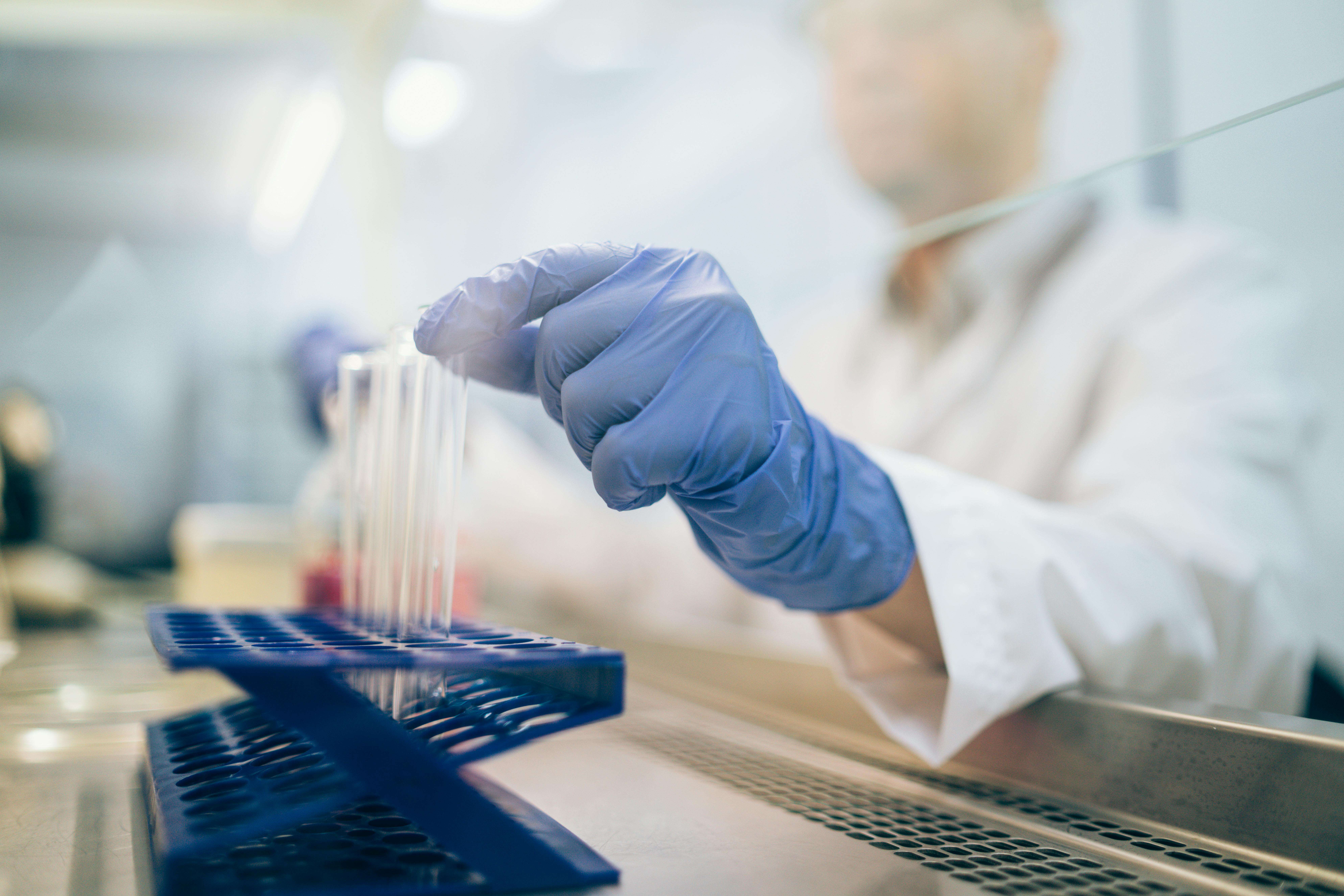 A medical researcher places a small beaker into a tray.