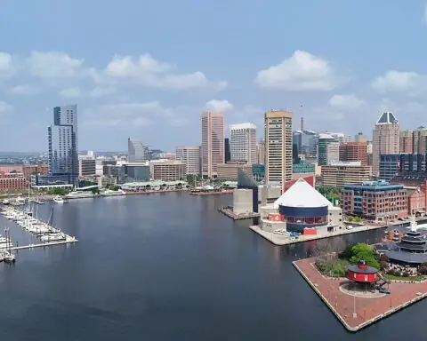 A view of the Baltimore skyline from across the lake.