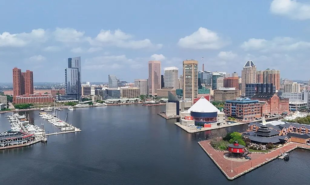 A view of the Baltimore skyline from across the lake.