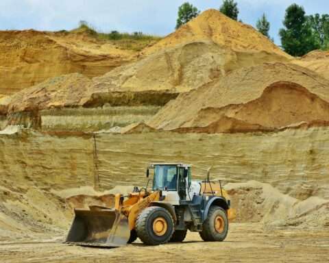 A bulldozer at a construction site.