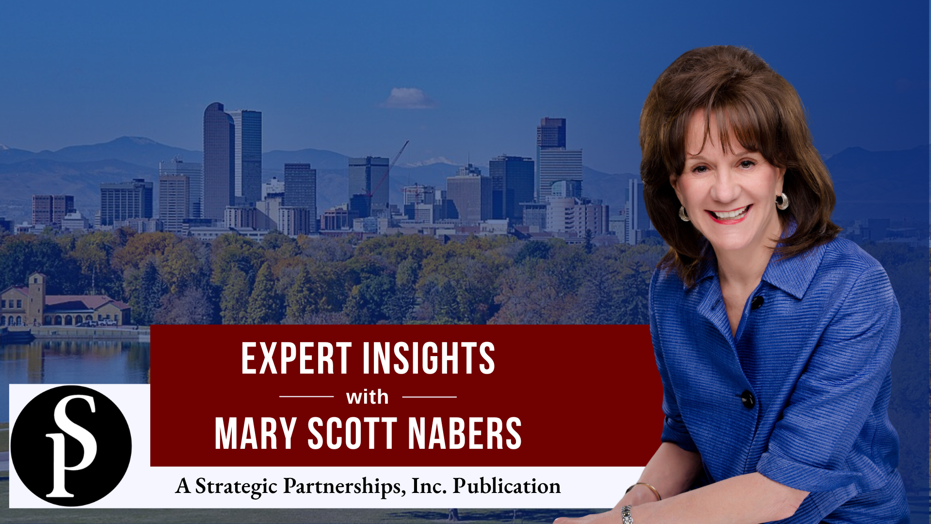 Mary Scott Nabers before the Denver skyline for her downtown revitalization project column.