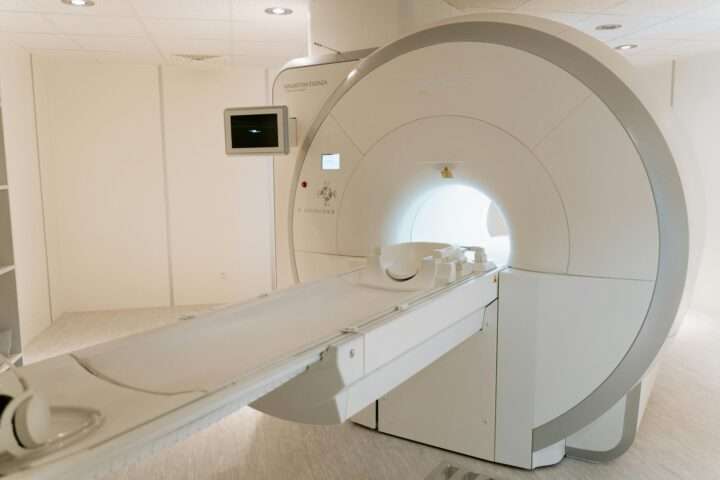 An MRI machine from the entrance of the room.