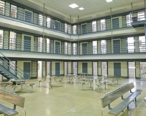 The interior of a jail complex room.
