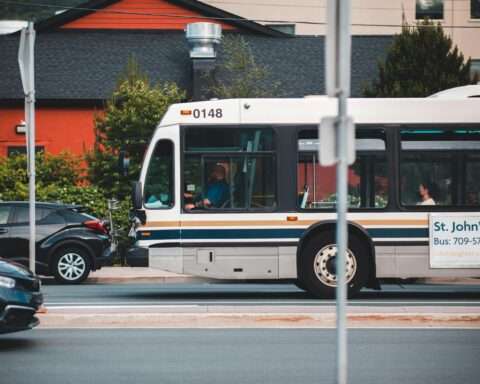 A bus across traffic from across the street.