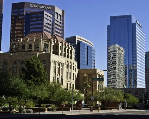 Downtown Phoenix buildings from street level in Arizona.