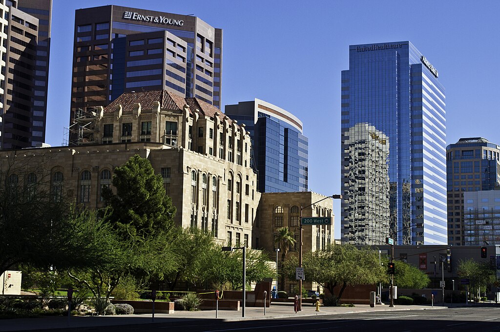 Downtown Phoenix buildings from street level in Arizona.