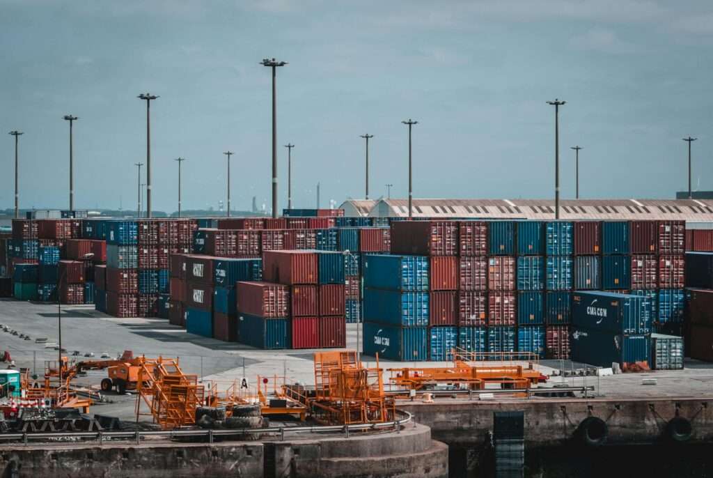 Containers at a yard at a port from a distance.