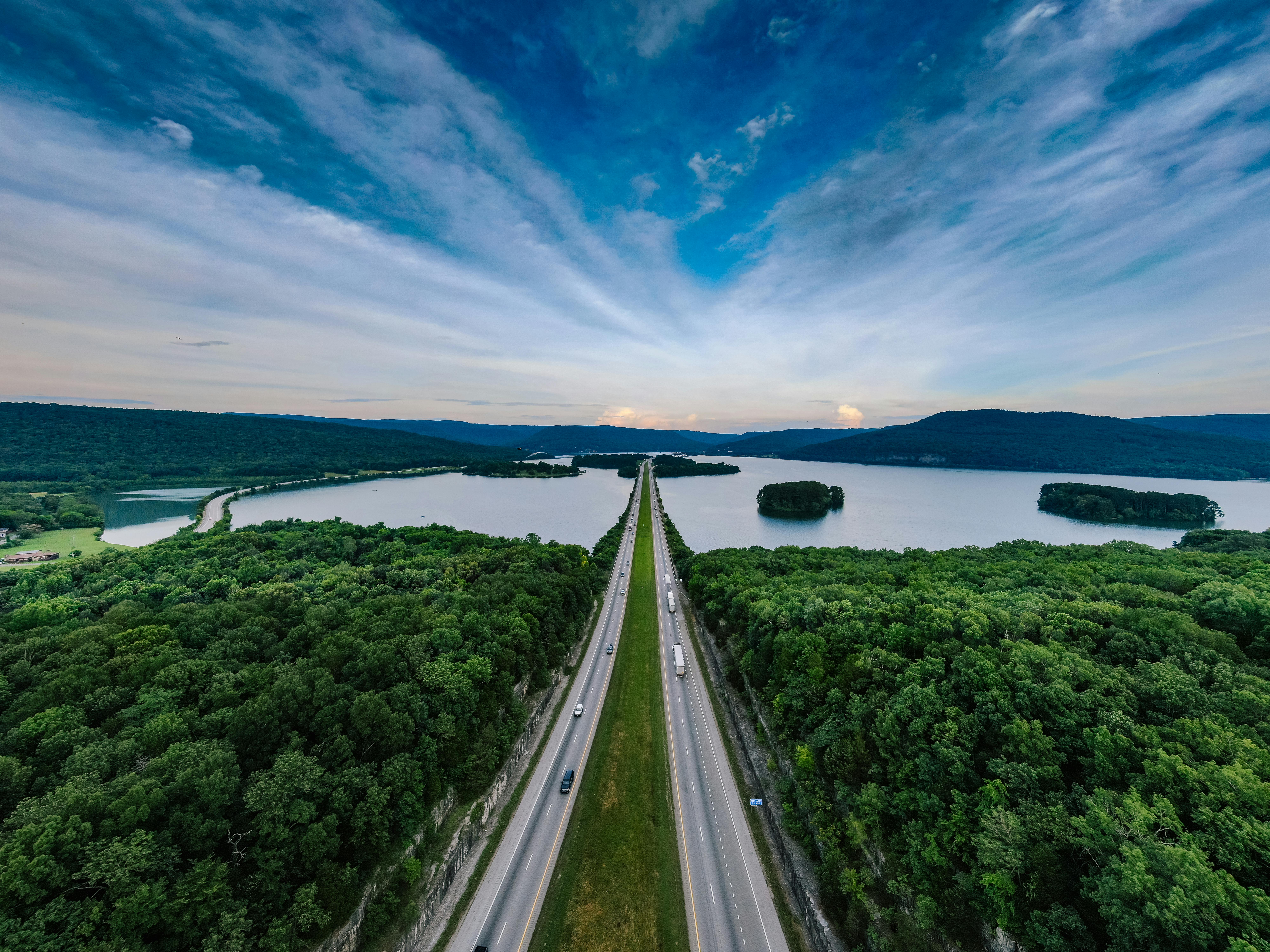 An aerial view of a Tennessee highway before a bridge crossing a body of water.