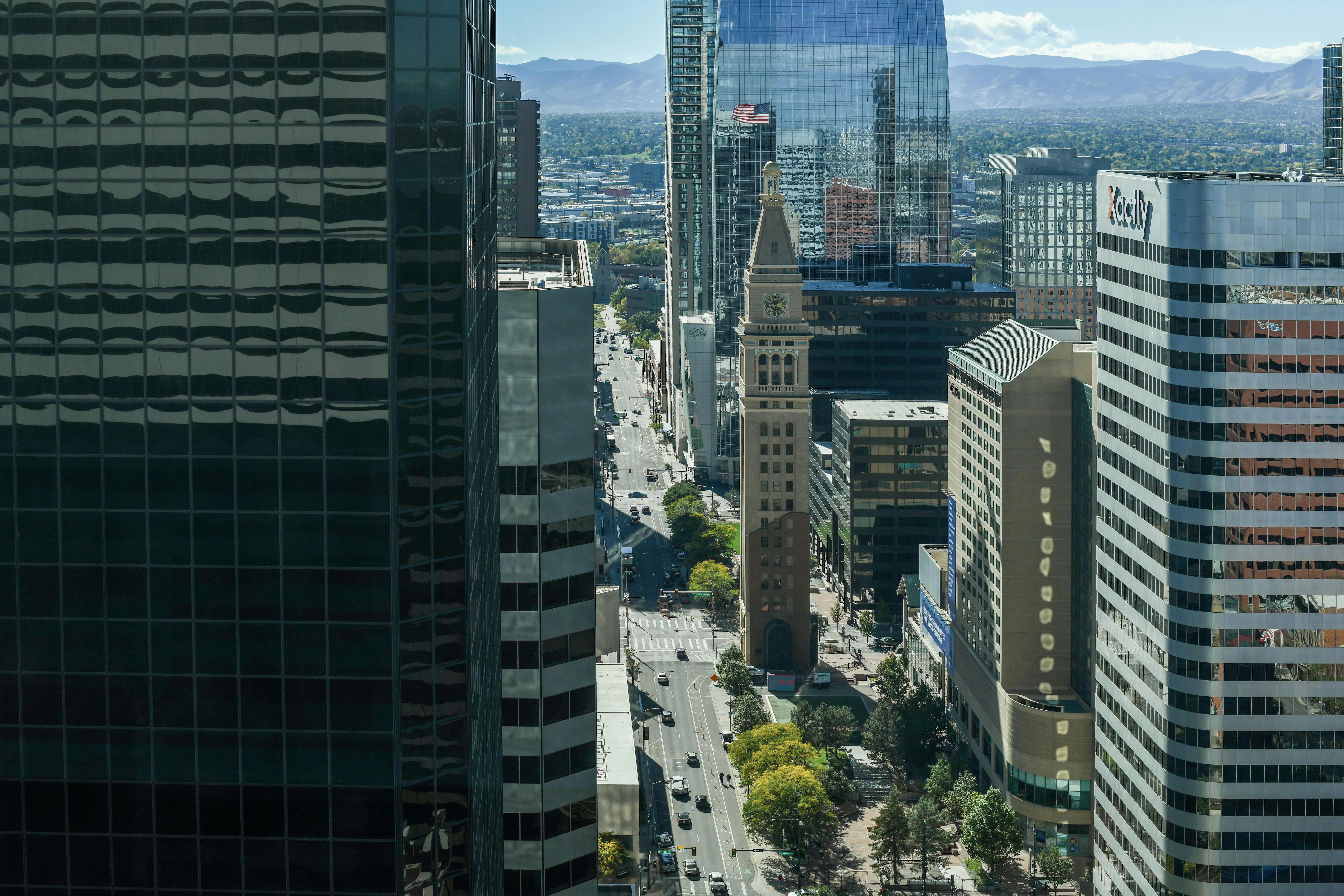 The 16th Street Mall in Denver from a large building nearby.