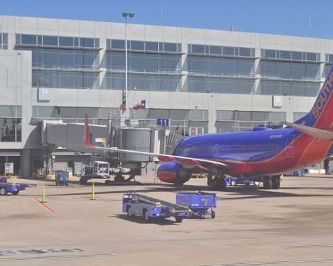An airplane at Austin-Bergstrom International Airport in Austin.