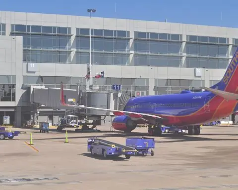 An airplane at Austin-Bergstrom International Airport in Austin.