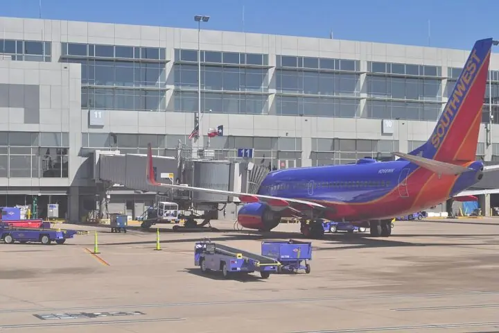 An airplane at Austin-Bergstrom International Airport in Austin.