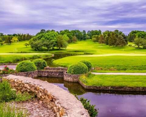 A colorful park with green grass and trees and a water feature.