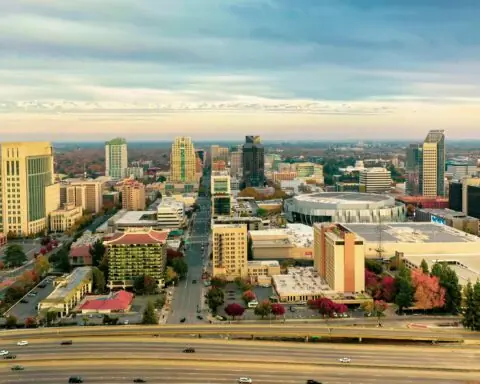 An elevated perspective of Sacramento's downtown in California.