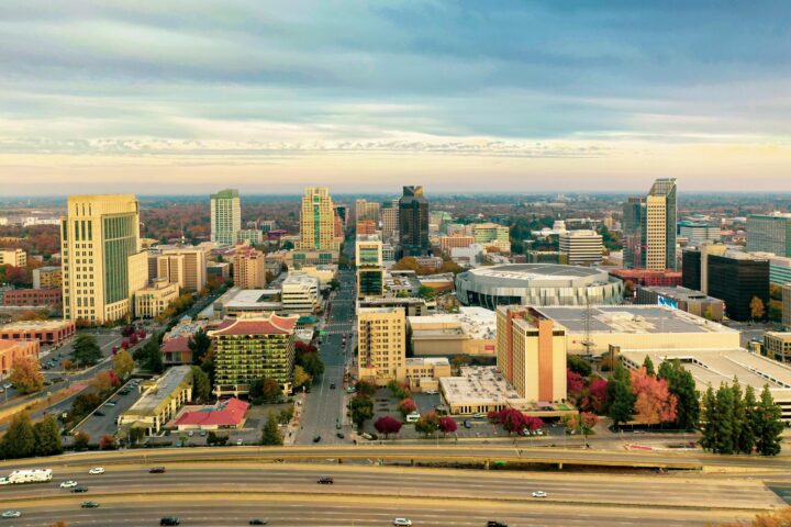 An elevated perspective of Sacramento's downtown in California.