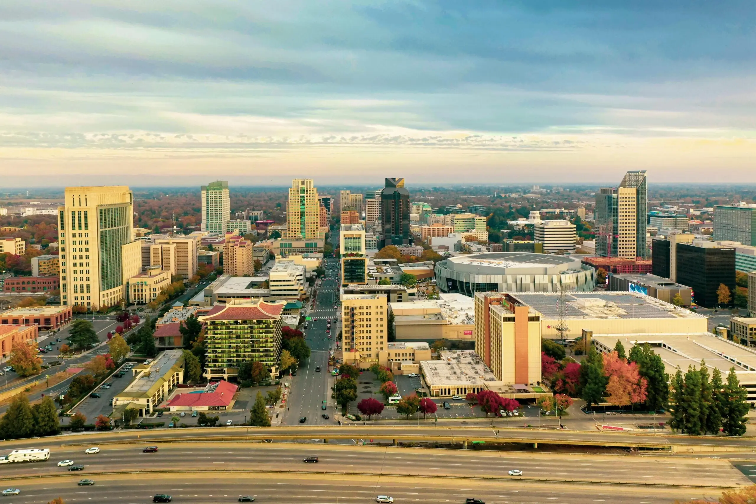 An elevated perspective of Sacramento's downtown in California.