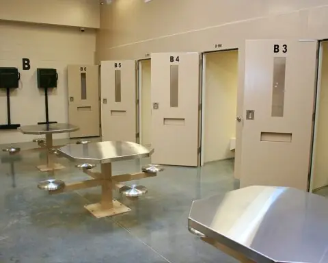 The interior of a jail with several cell doors and tables.