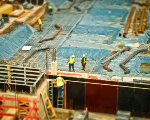An above view of a construction site at work.