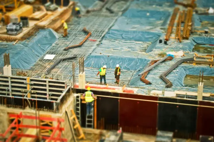 An above view of a construction site at work.