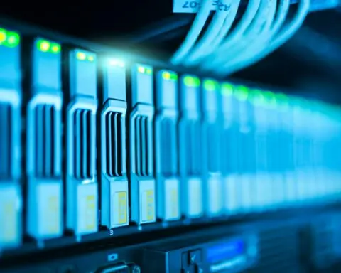 Several stacks as part of a server lit in blue light.