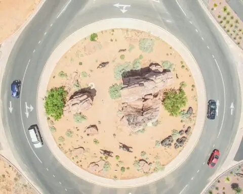 An aerial view of a roundabout.
