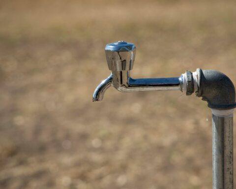 A water faucet before a grassy background.