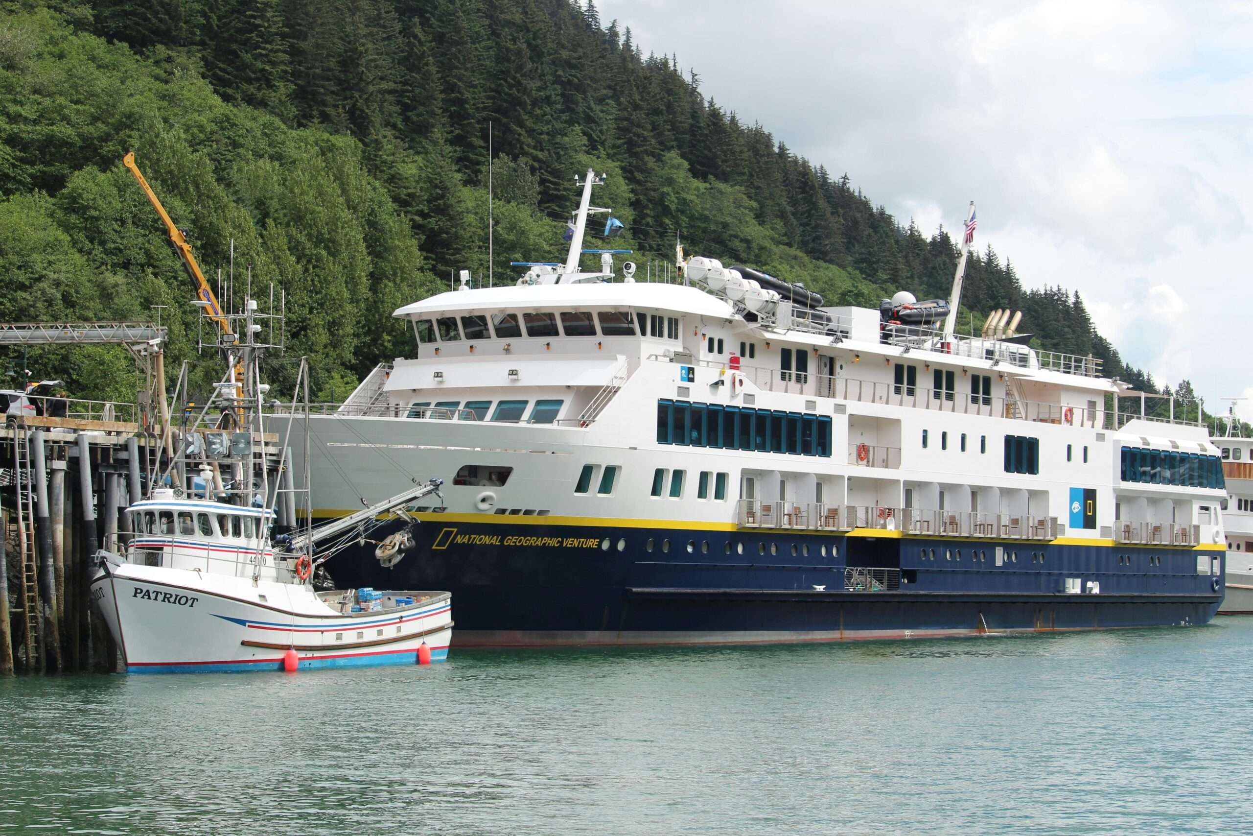 A ship docked at a port in Alaska.