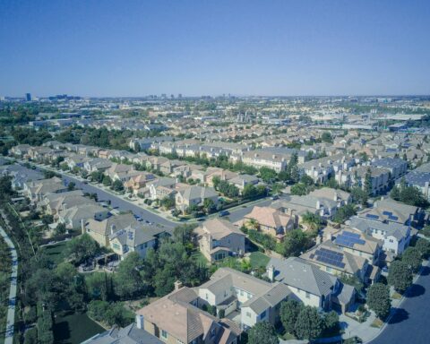 An aerial view of a California housing development.