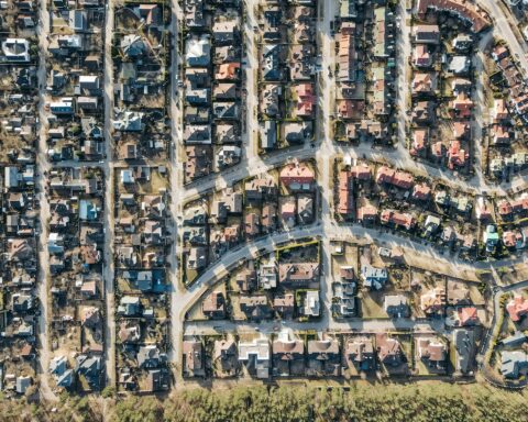 An aerial view of a housing development.