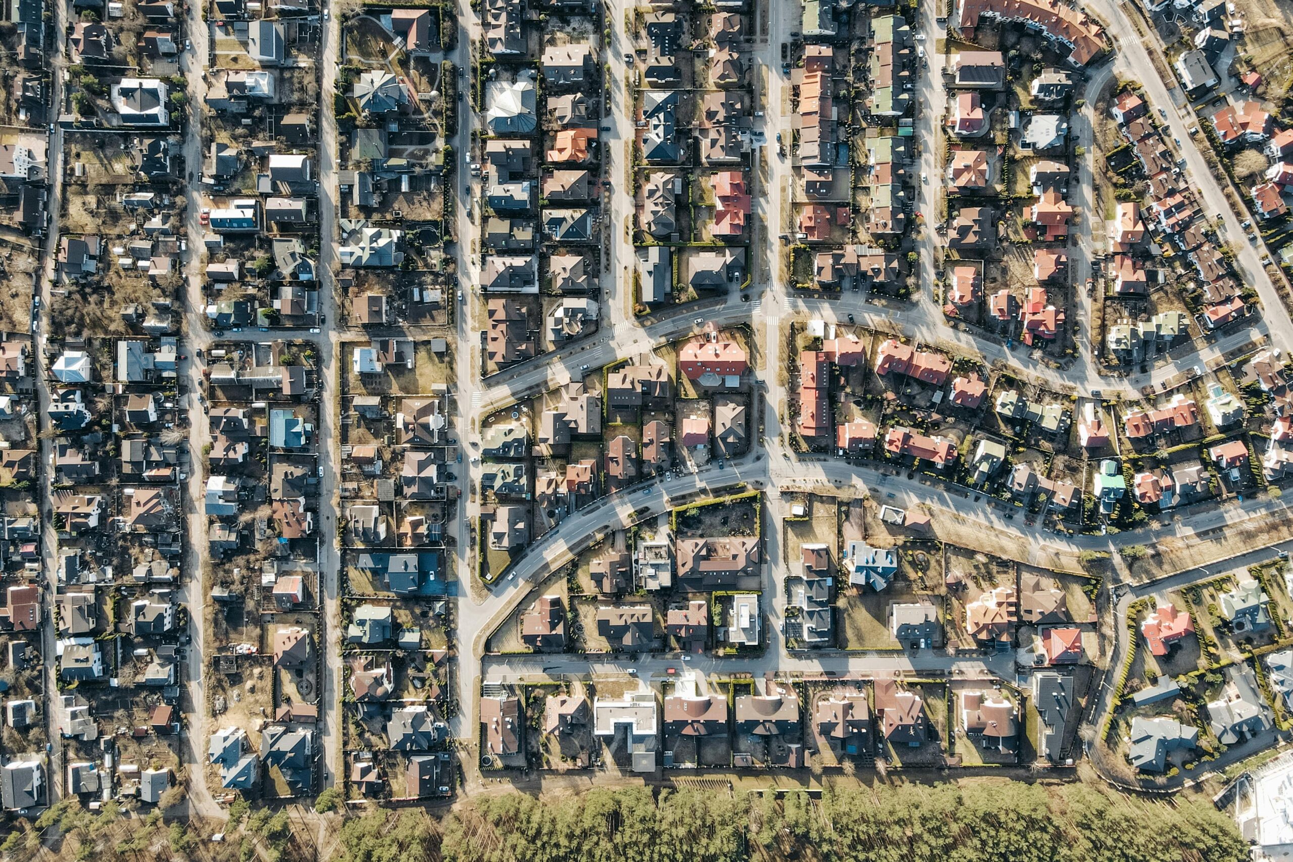 An aerial view of a housing development.
