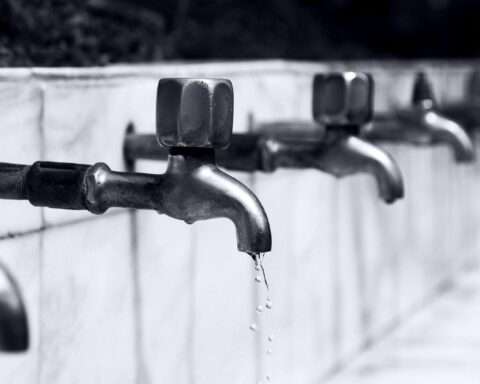 Water faucets in a line along a white wall.