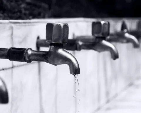 Water faucets in a line along a white wall.