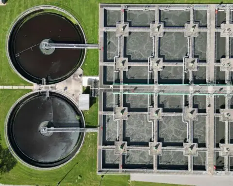 An aerial view of a water treatment facility.