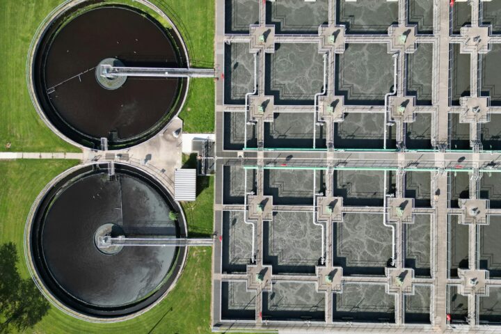 An aerial view of a water treatment facility.