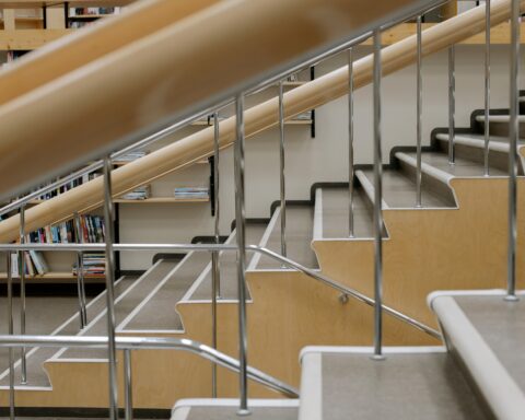 A staircase at a university library.