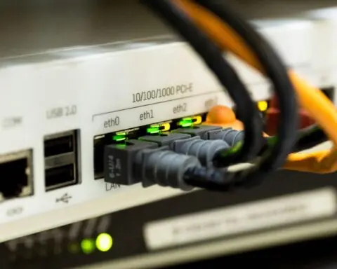 A broadband cable connecting to a device.