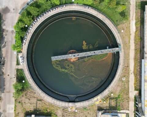 An aerial view of a wastewater treatment facility.