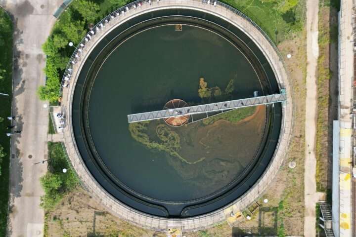 An aerial view of a wastewater treatment facility.