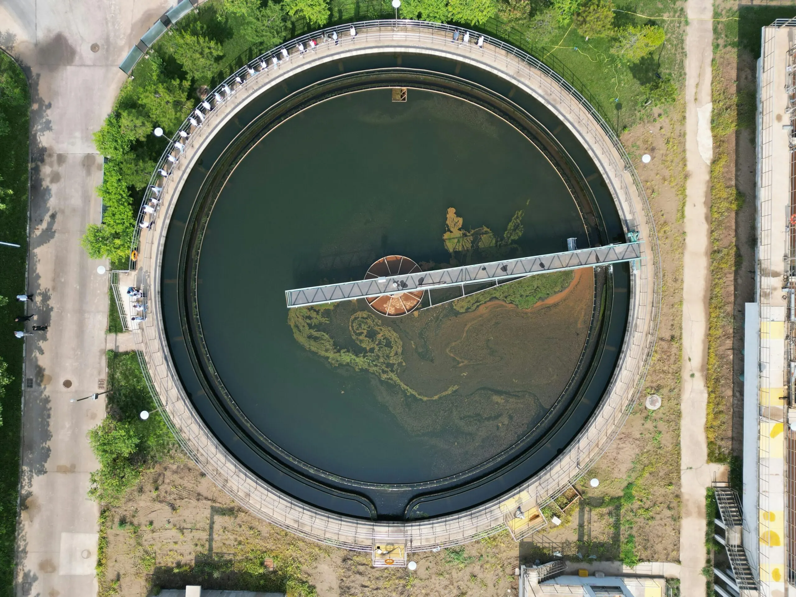 An aerial view of a wastewater treatment facility.
