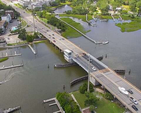 An above view of a road bridge in Wrightsville Beach, North Carolina.