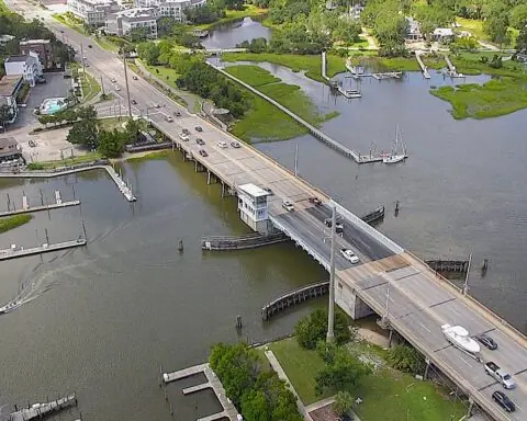 An above view of a road bridge in Wrightsville Beach, North Carolina.