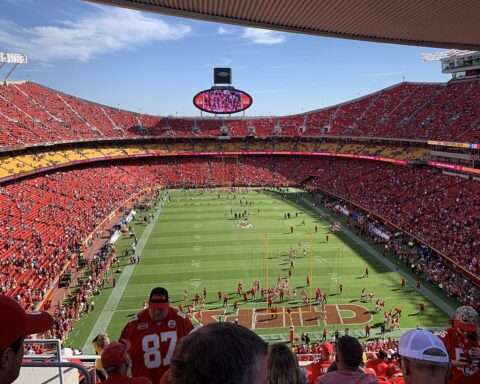 The packed interior of a Kansas City Chiefs game at Arrowhead Stadium in Kansas City Missouri.