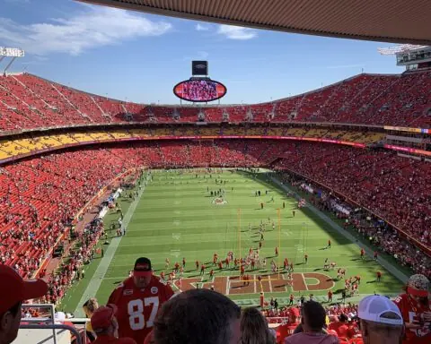 The packed interior of a Kansas City Chiefs game at Arrowhead Stadium in Kansas City Missouri.