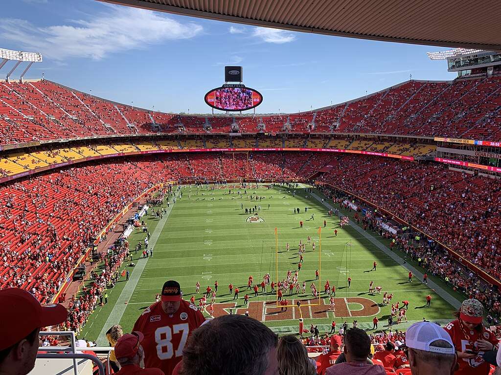 The packed interior of a Kansas City Chiefs game at Arrowhead Stadium in Kansas City Missouri.