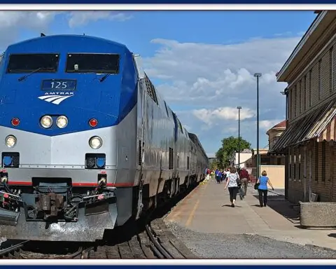 An Amtrak train at a rail station in Grand Junction, Colorado.